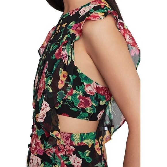 BCBGMAXAZRIA Sleeveless Floral Ruffled  Asymmetrical Midi Cocktail Dress 4 - Picture 2 of 3